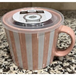 New Abode 20oz Souper Mug With Lid Stoneware Pink White Striped Heat Refrigerate